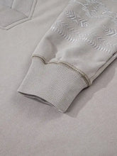 Light gray western v neck sweatshirt sleeve with ribbed cuffs and silver aztec geometric embroidery wash cold