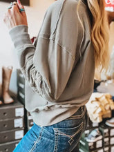 Aztec embroidered western v neck sweatshirt in soft muted gray with cable knit sleeve detail and ribbed cuffs machine wash cold