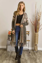 Aztec pattern cardigan with fringe hem in black and gray
