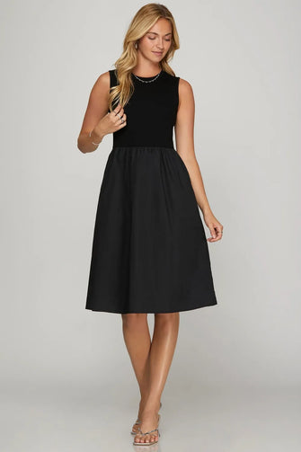 She + Sky Full Size Sleeveless Poplin Woven Midi Dress with Pockets Plus Size Black