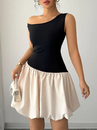 Contrast Single Shoulder Mini Tank Dress Black Casual Dresses