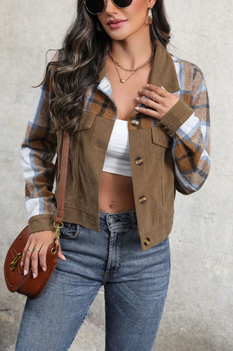 Perfee Plaid Button Up Collared Neck Jacket Brown