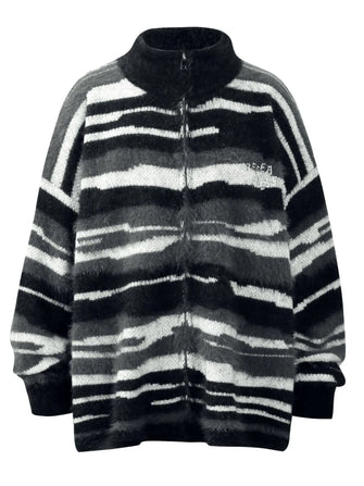 Men's Striped Fuzzy Zip-Up Cardigan Camouflage Color