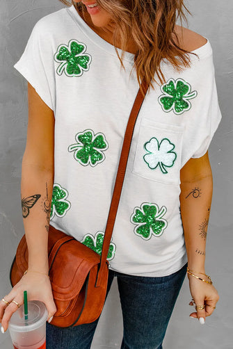 Sequin Lucky Clover Boat Neck T-Shirt White