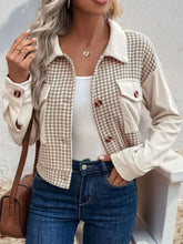 Perfee Pocketed Houndstooth Long Sleeve Jacket Beige