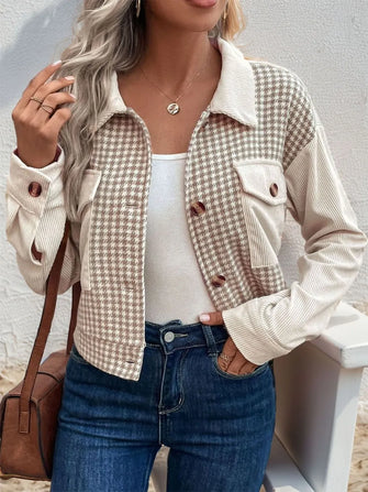 Perfee Pocketed Houndstooth Long Sleeve Jacket Beige