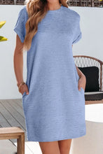 Solid Color Textured Crinkle Short Sleeve T Shirt Dress Light Blue Casual Dresses