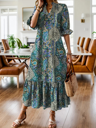 Full Size Bohemian Paisley Print Ruffle Hem Midi Dress Plus Size Teal