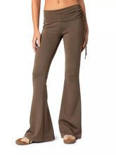 Brown high-waisted flare pants with tied side drawstring designed for yoga and casual wear