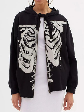 Skeleton Zip Up Drawstring Hoodie Black