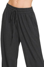 Black zenana linen drawstring loose-fitting linen drawstring pants with elastic waistband and drawstring closure care instructions included