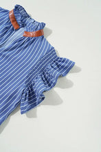 Stripe Frilly Split Neck Shirred Ruffle Sleeve Short Shift Dress Casual Dresses