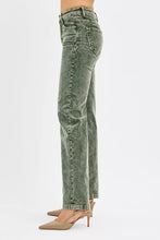 Risen tummy control mid rise straight leg corduroy pants in faded olive green with classic stitching details