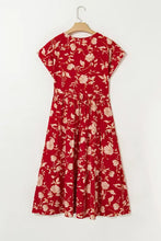 Floral Print Buttoned Front V Neck Tiered Short Sleeve Midi Dress Woman Dress