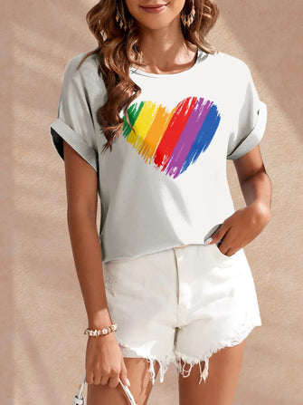 FAM-FAM Heart Round Neck Short Sleeve T-Shirt White