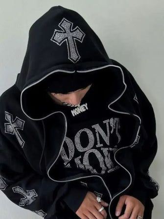 Men's Rhinestone Long Sleeve Zip Up Hoodie Black Mens Tops