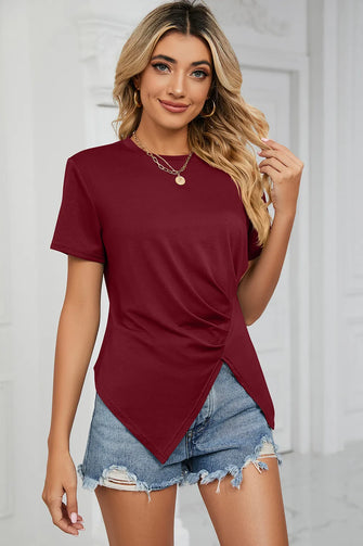 Ruched Round Neck Short Sleeve T-Shirt Burgundy