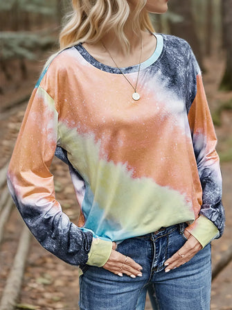 Shiny Printed Round Neck Long Sleeve T-Shirt Tangerine