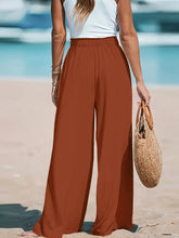 Brown full size drawstring waist wide leg pants in soft flowing fabric for plus size comfort and style