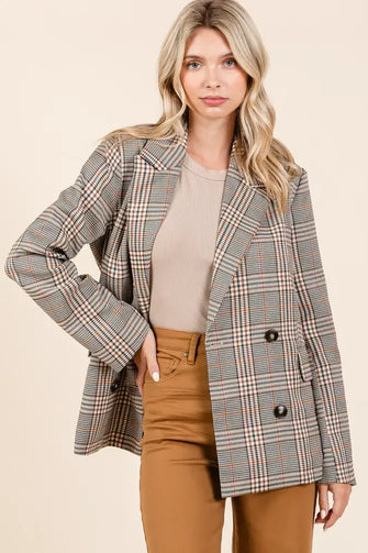 Mittoshop Plaid Double Breasted Relaxed Fit Blazer BROWN COMBO Woman Outerwear