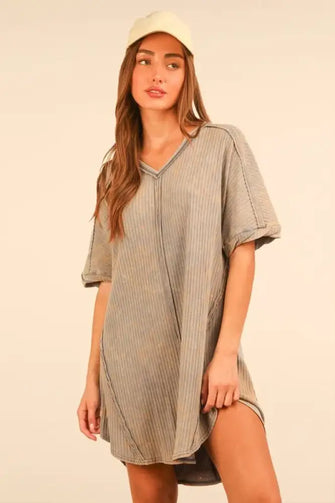 VERY J Plus Size Mineral Washed Ribbed Knit Mini Dress Denim Casual Dresses