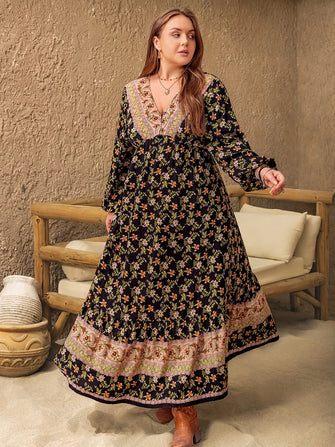Plus Size Floral V-Neck Balloon Sleeve Dress Multicolor
