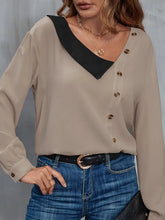 Perfee Asymmetrical Neck Buttoned Long Sleeve Top Woman T Shirts
