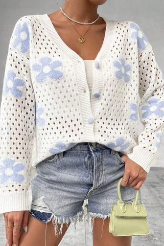 Flower Hollowed Out Button Down Long Sleeve Cardigan White