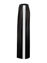 Black satin wide-leg pants with three vertical white stripes down the front suitable for tumble dry care