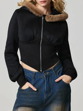 Zip Up Long Sleeve Fuzzy Hem Hooded Jacket Woman Outerwear