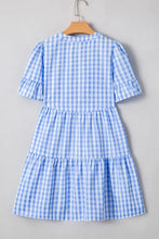 Gingham Short Sleeve Button Tie Split Neck Loose Mini Dress Casual Dresses