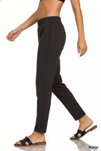 Black zenana scuba capri sweatpants with high-waisted relaxed fit and subtle side seam detailing with pocket