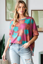 HOPELY Full Size Floral Round Neck Side Slit T-Shirt Brick Magenta Woman T Shirts