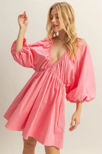 HYFVE Plunge Balloon Sleeve Poplin Mini Dress with Pockets Coral Casual Dresses