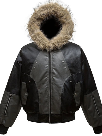 Men's Faux Fur Hooded Contrast Bomber Jacket Black