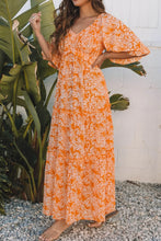Floral Print Smocked V Neck Wide Sleeve Maxi Dress