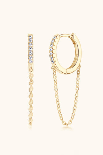 Moissanite 925 Sterling Silver Huggie Earrings with Chain Gold One Size