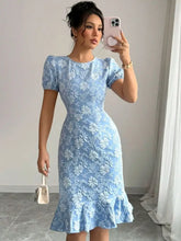 Ruffled Hem Flower Round Neck Short Sleeve Dress Light Blue Casual Dresses
