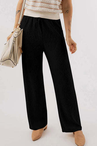 Textured Drawstring Straight Pants Black