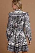 Umgee Full Size Two Tone Floral Border Print Tie Waist Mini Dress Plus Size Casual Dresses