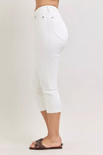 White denim judy blue capri pants with high waist extended waistband and spade pockets in a straight-leg cut