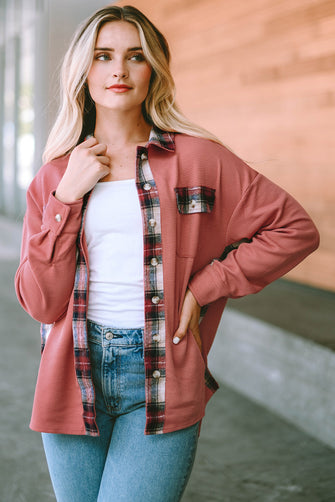 Plaid Button Down Collared Jacket Strawberry