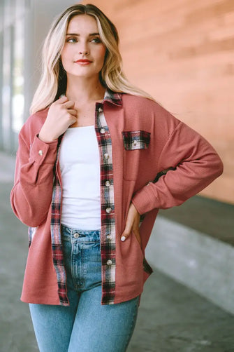 Plaid Button Down Collared Jacket Strawberry Woman Outerwear