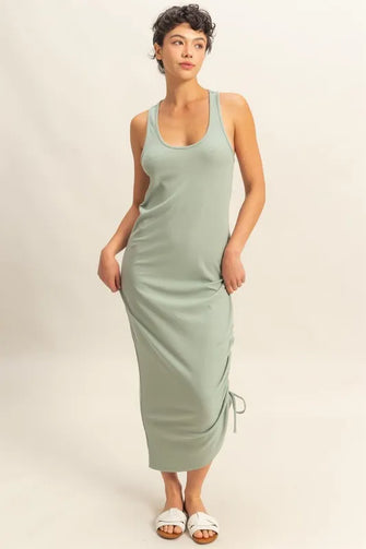 HYFVE Scoop Neck Side Tie Detail Midi Dress SAGE GREEN