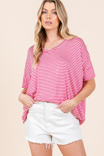 BOMBOM Striped V-Neck T-Shirt Fuchsia