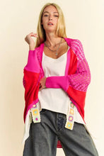 Davi & Dani Openwork Contrast Open Front Cardigan Red Multicolor