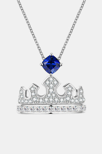 Zircon Lab-Grown Sapphire Crown Shape Pendant Necklace Royal Blue One Size