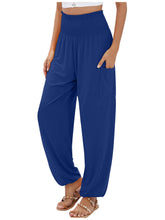 Royal blue full size smocked waist harem pants with high waist and side pockets plus size comfortable fit