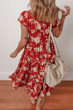 Floral Print Buttoned Front V Neck Tiered Short Sleeve Midi Dress Woman Dress