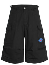Men's Wide Leg Cargo Shorts with Flower Patch Black